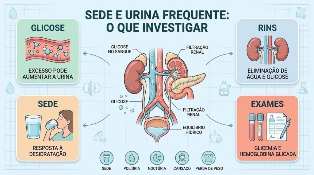 Glicose elevada, função renal e equilíbrio hídrico ajudam a explicar sede e poliúria persistentes.