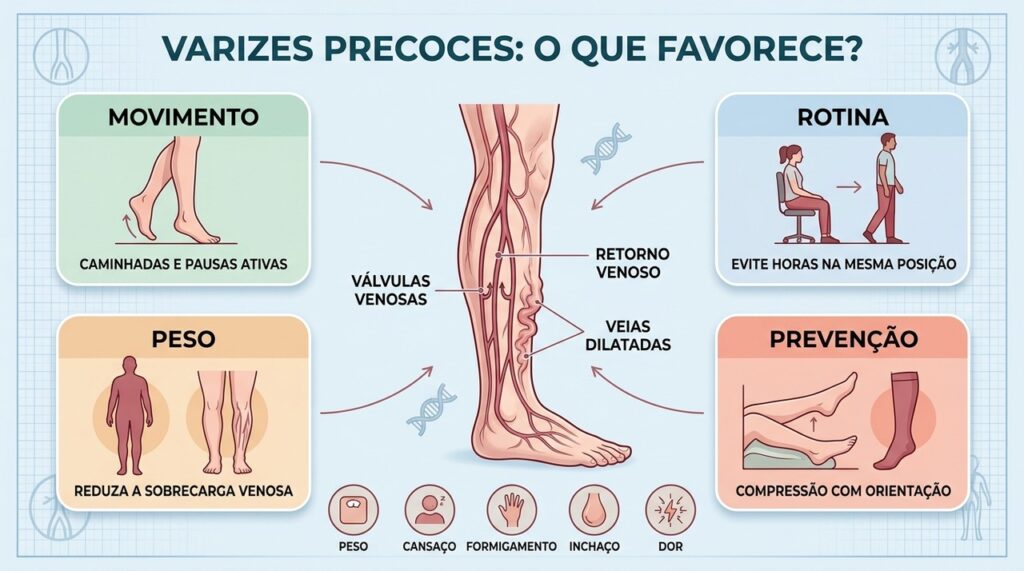 Movimento, controle do peso e pausas reduzem fatores que favorecem varizes precoces.