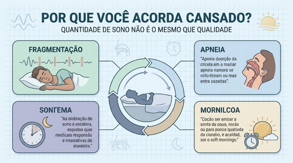 Fragmentação, apneia e hábitos noturnos podem explicar cansaço apesar de muitas horas dormidas.