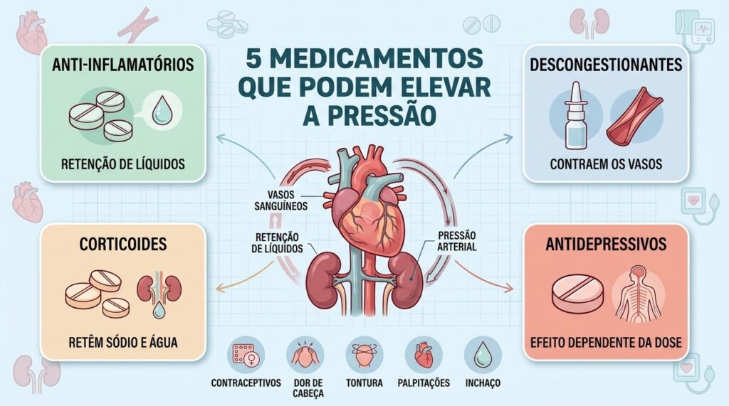 Anti-inflamatórios, descongestionantes, corticoides, antidepressivos e contraceptivos podem interferir na pressão.