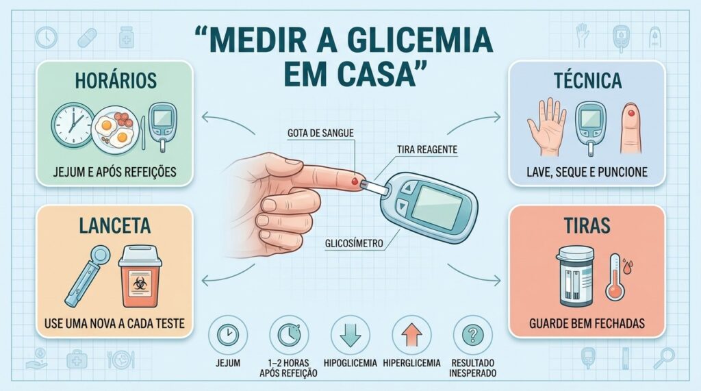 Horário, técnica, lanceta e armazenamento das tiras influenciam a precisão da glicemia.