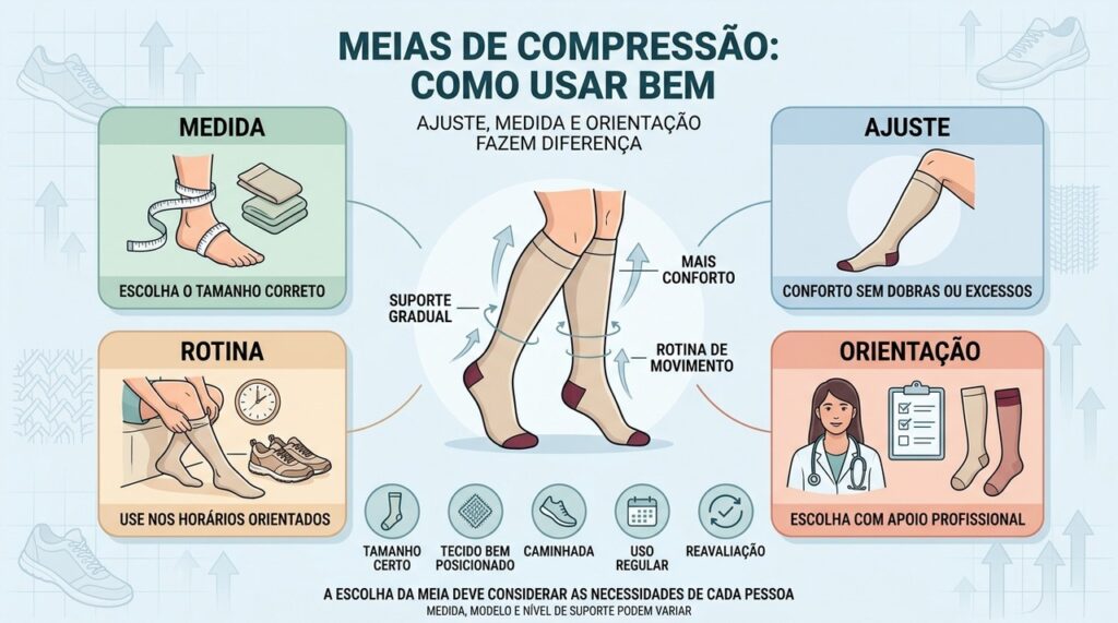 Medida, ajuste, rotina e orientação favorecem o uso correto das meias de compressão.