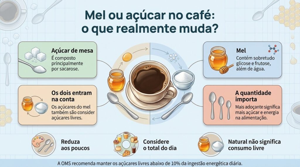Trocar açúcar por mel muda sabor e composição, mas ambos contam como fontes de açúcares livres na alimentação.