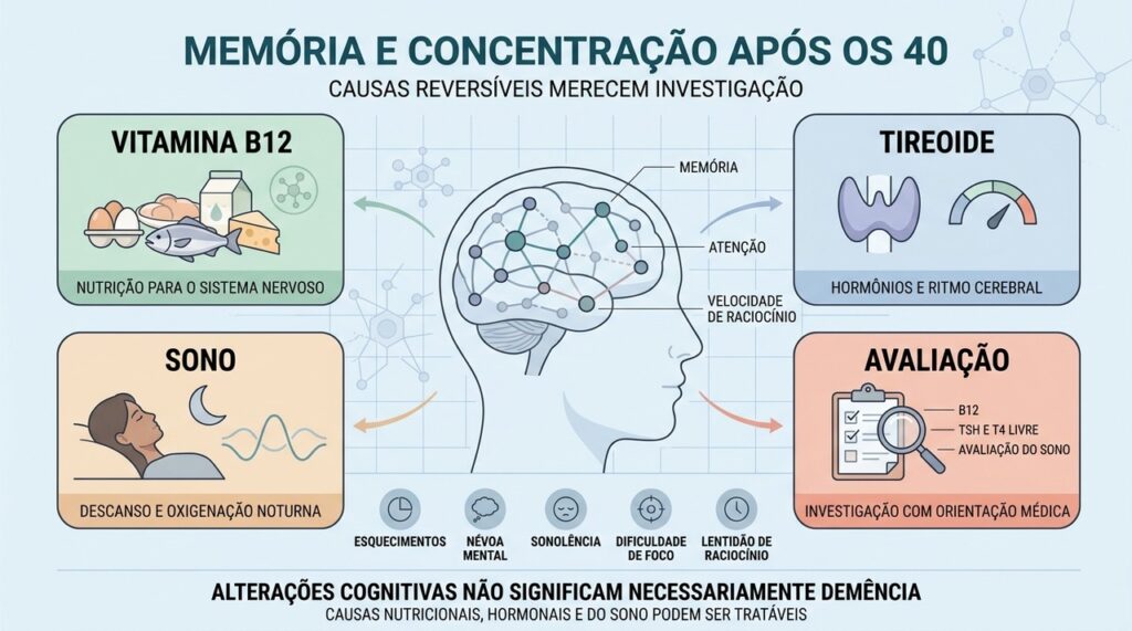 B12, tireoide, sono e avaliação médica ajudam a investigar alterações cognitivas reversíveis.