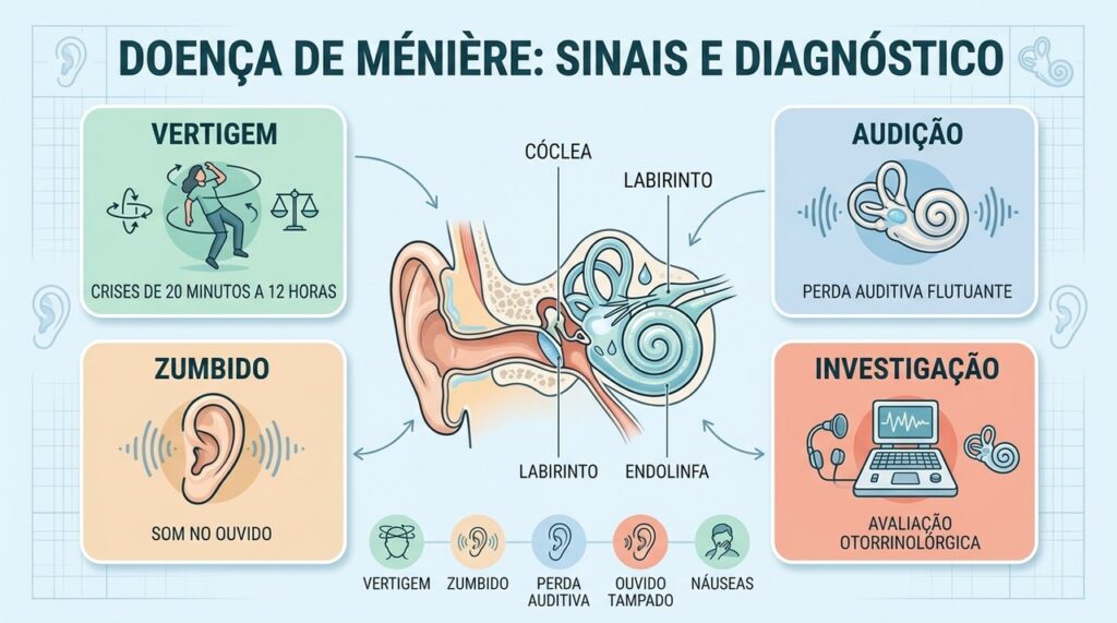 Vertigem, audição flutuante, zumbido e exames orientam a investigação da doença de Ménière.