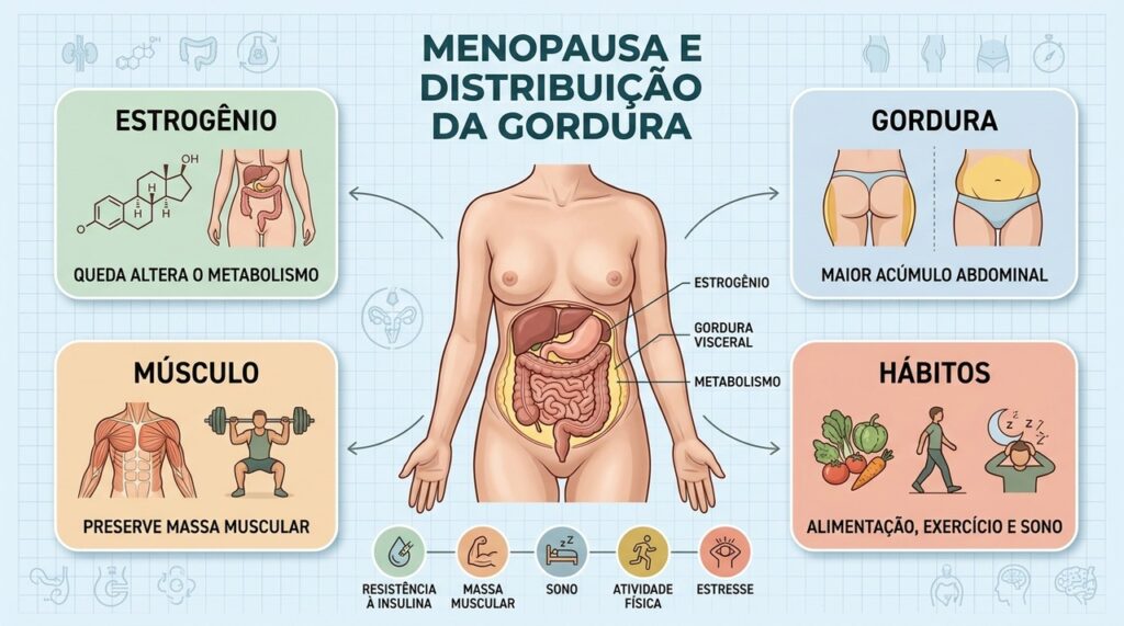 Estrogênio, gordura visceral, músculos e hábitos influenciam o metabolismo durante a menopausa.