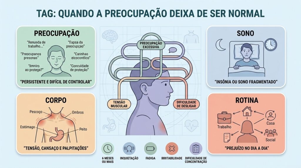 Ansiedade comum é passageira; no TAG, a preocupação se torna persistente e abrangente.