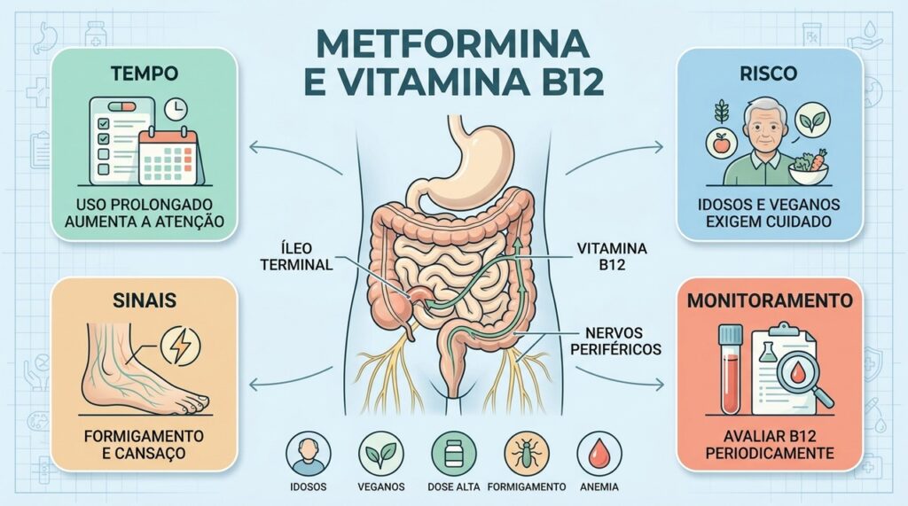 Monitoramento da B12 ajuda a identificar precocemente deficiência durante o tratamento prolongado com metformina.