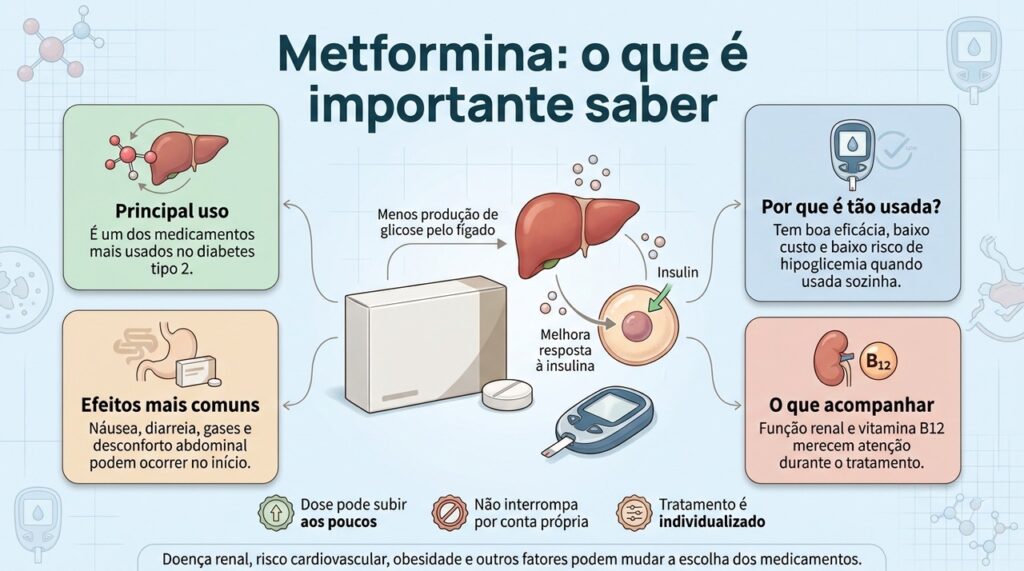 Efeitos digestivos são comuns no início, e o acompanhamento inclui controle da glicemia, função renal e atenção à vitamina B12.