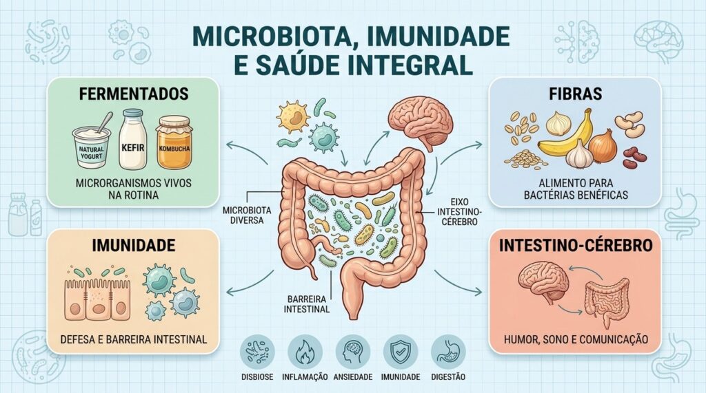 Quatro pilares mostram como fermentados, fibras e microbiota se relacionam com imunidade e humor.