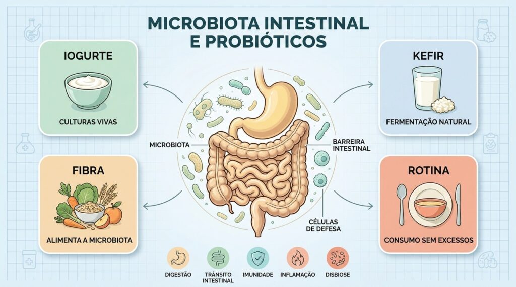Quatro pilares mostram como fermentados, fibras e rotina podem apoiar uma microbiota equilibrada.