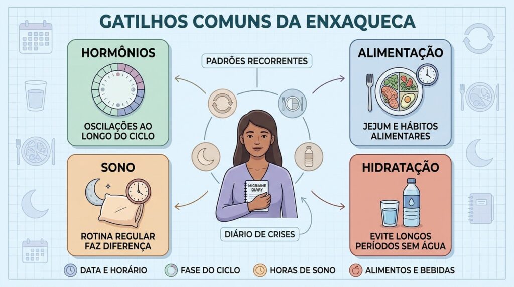 Hormônios, alimentação, sono e hidratação ajudam a mapear gatilhos recorrentes da enxaqueca.