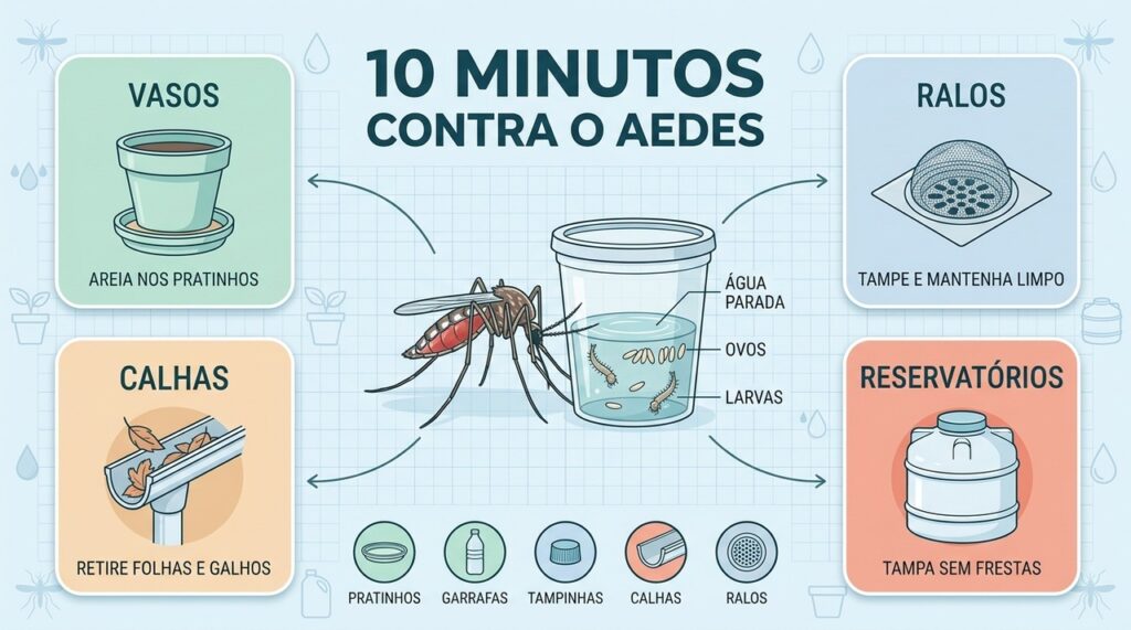Vasos, ralos, calhas e reservatórios concentram cuidados rápidos contra a proliferação do Aedes.