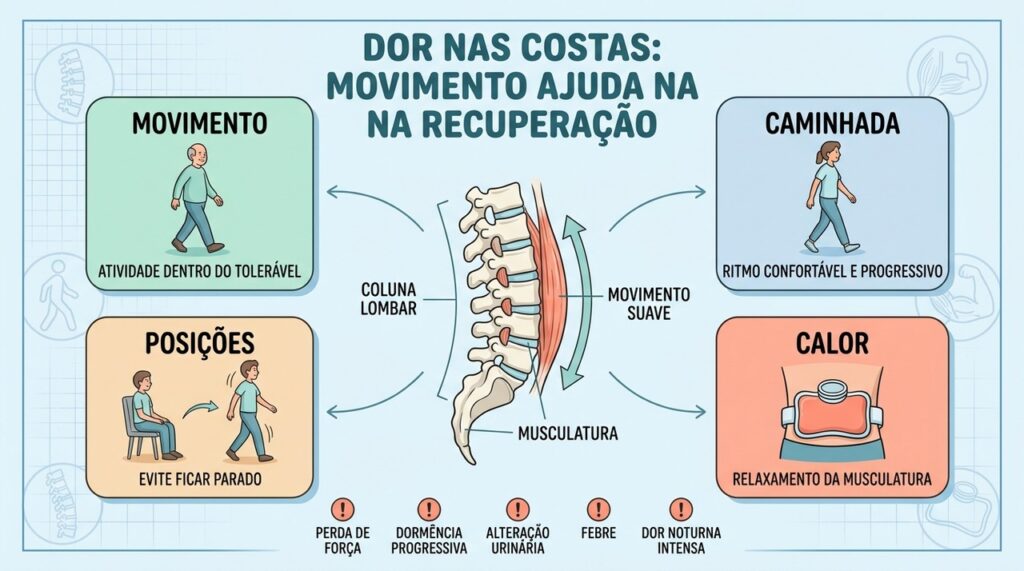 Movimento leve, caminhada, mudança de posição e calor apoiam a recuperação lombar.