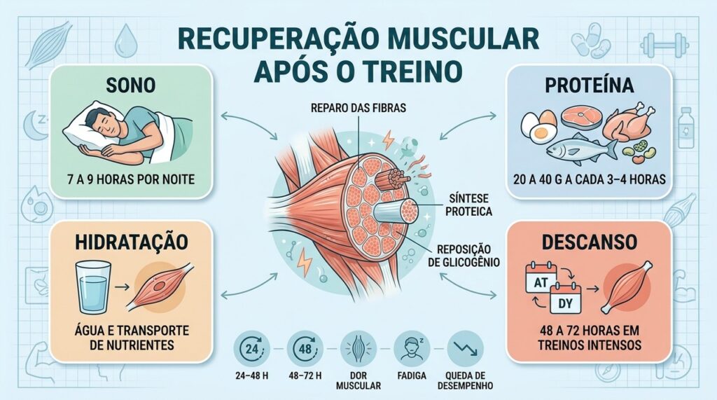 Sono, proteína, hidratação e descanso sustentam o reparo muscular e a adaptação ao exercício.