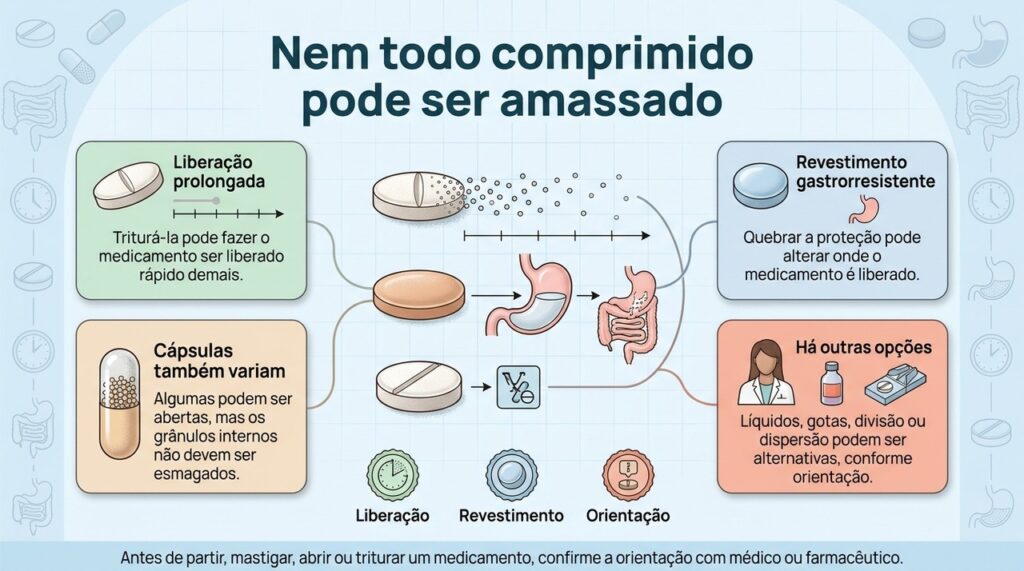 A forma do comprimido faz parte do tratamento, e alterá-la pode mudar como o medicamento é absorvido ou liberado.