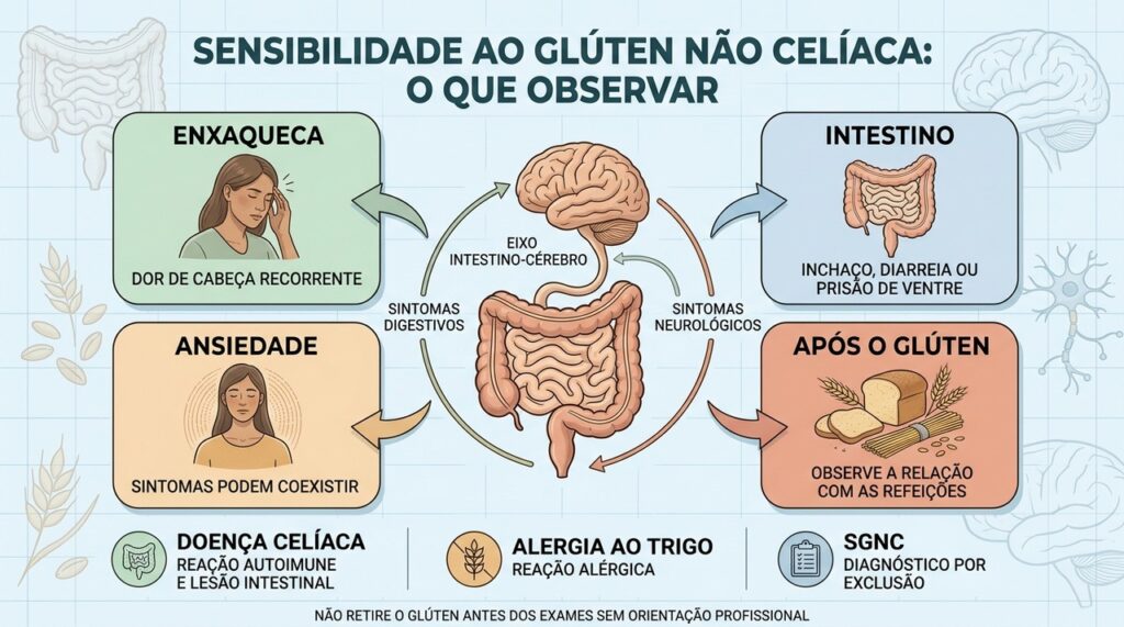 Enxaqueca, alterações intestinais e ansiedade devem ser avaliadas antes de excluir o glúten.