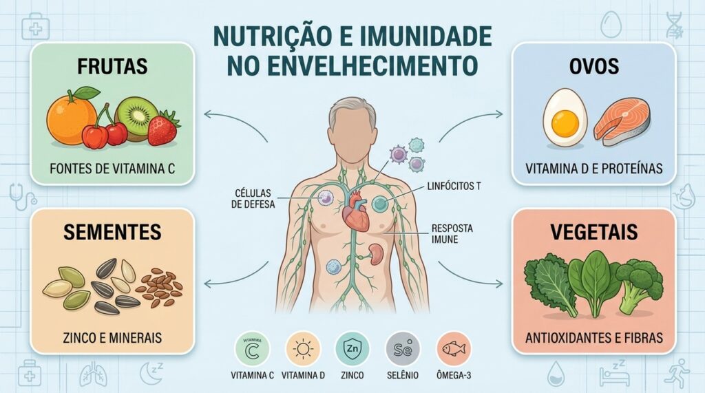 Frutas, ovos, sementes e vegetais fornecem nutrientes que apoiam a resposta imune no envelhecimento.