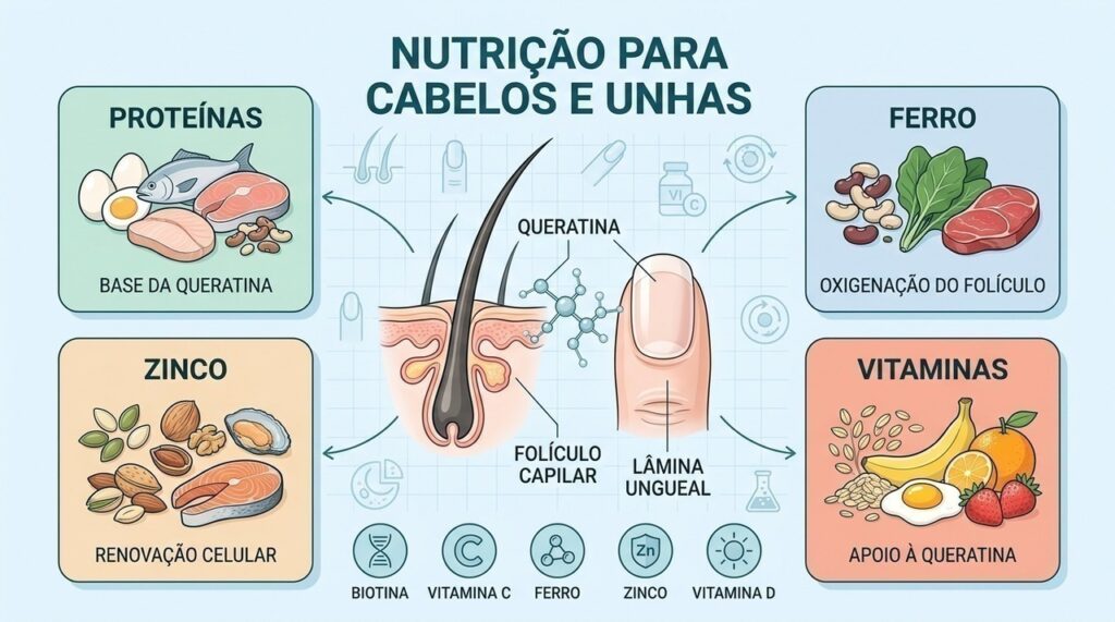 Proteínas, ferro, zinco e vitaminas sustentam queratina, folículos e renovação das unhas.