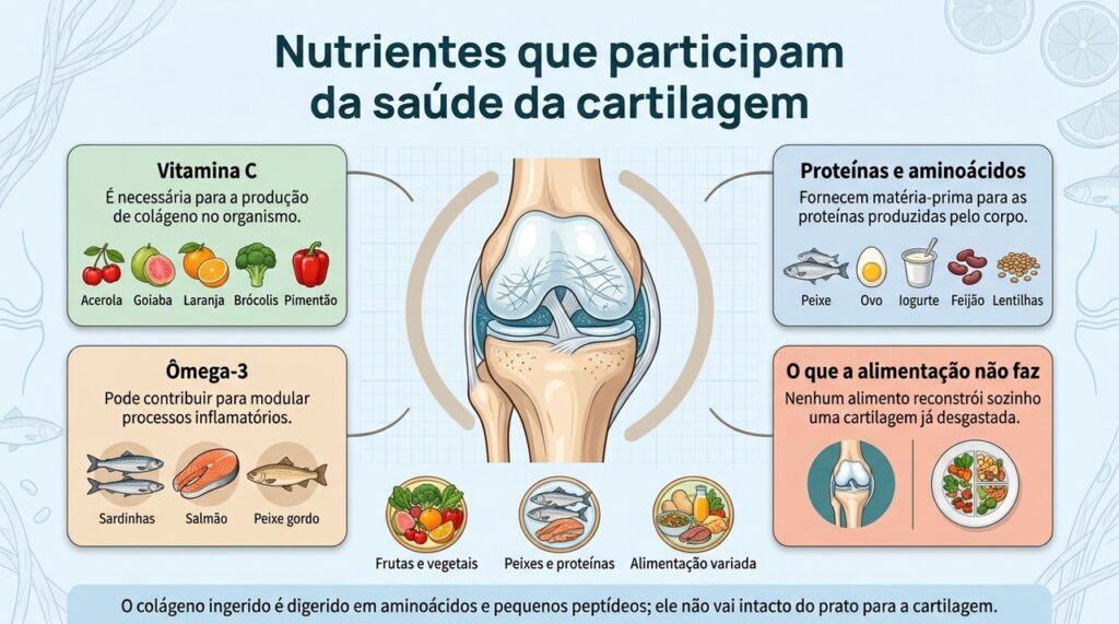 A alimentação fornece nutrientes usados na manutenção dos tecidos articulares, mas não garante prevenção nem regeneração da cartilagem.
