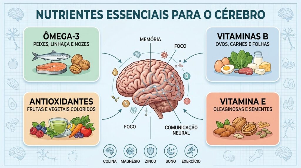 Ômega-3, vitaminas B, antioxidantes e vitamina E apoiam diferentes funções cerebrais.