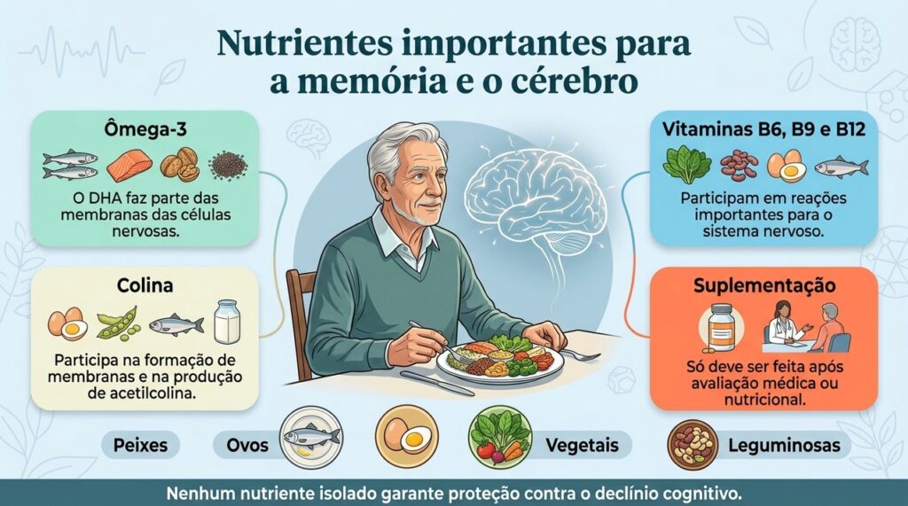Ômega-3, vitaminas do complexo B e colina podem ser obtidos pela alimentação, enquanto suplementos exigem avaliação profissional.