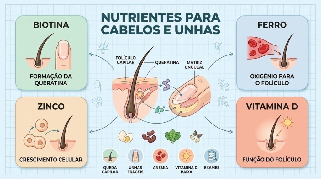 Biotina, ferro, zinco e vitamina D participam de diferentes processos ligados aos fios e unhas.