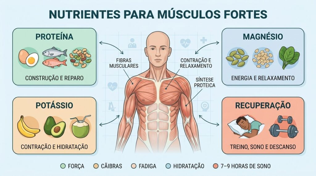 Proteína, magnésio, potássio, exercício e sono sustentam força e recuperação muscular.