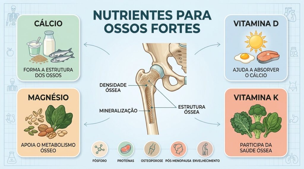 Cálcio, vitamina D, magnésio e vitamina K participam da formação e manutenção óssea.