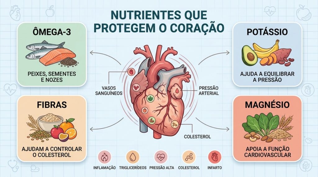 Ômega-3, potássio, fibras e magnésio ajudam a manter pressão, vasos e colesterol equilibrados.
