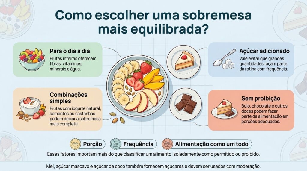 Para sobremesas frequentes, frutas e preparações com pouco açúcar adicionado são opções simples e equilibradas.