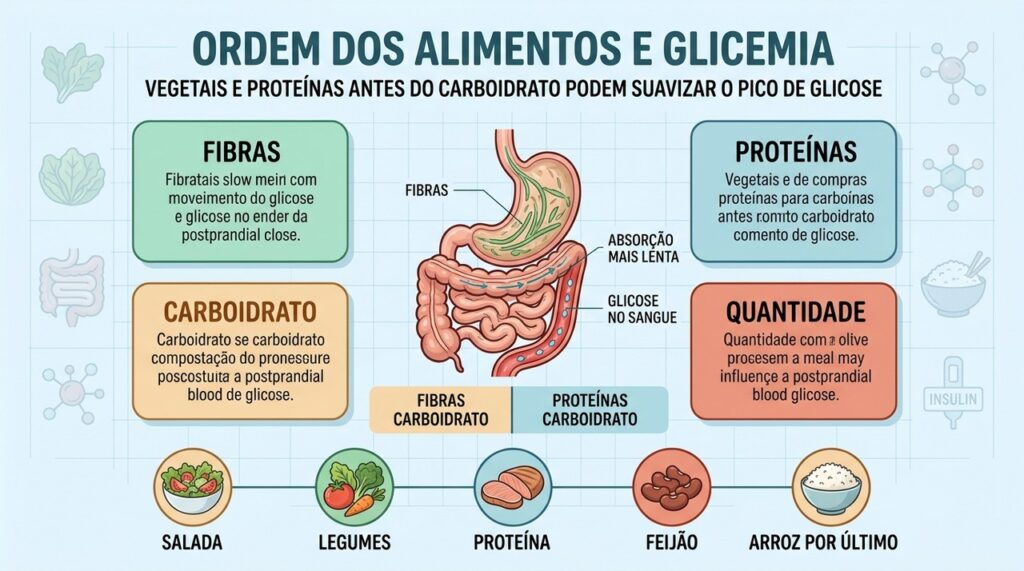 Fibras, proteínas, sequência e porções influenciam a resposta da glicemia após comer.