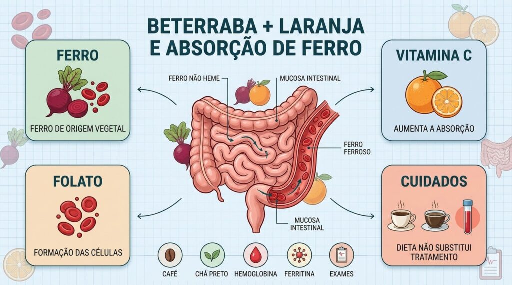 Ferro, vitamina C, folato e cuidados alimentares participam da prevenção nutricional da anemia.