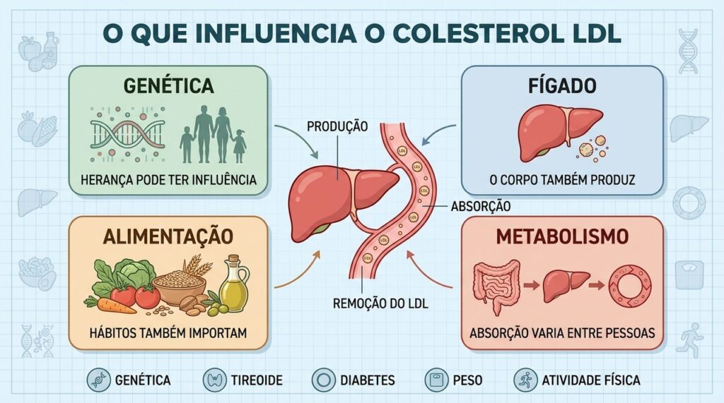 Genética, fígado, alimentação e metabolismo participam do equilíbrio do colesterol LDL.
