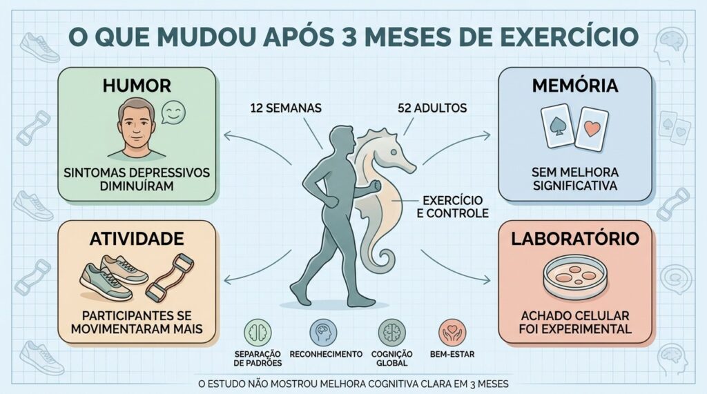 O treino trouxe benefício ao humor, mas a memória não mostrou melhora significativa.