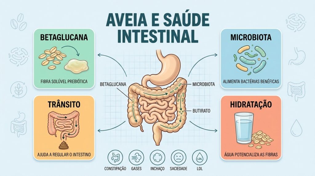 Betaglucana, fibras, microbiota e hidratação sustentam os principais benefícios digestivos da aveia.