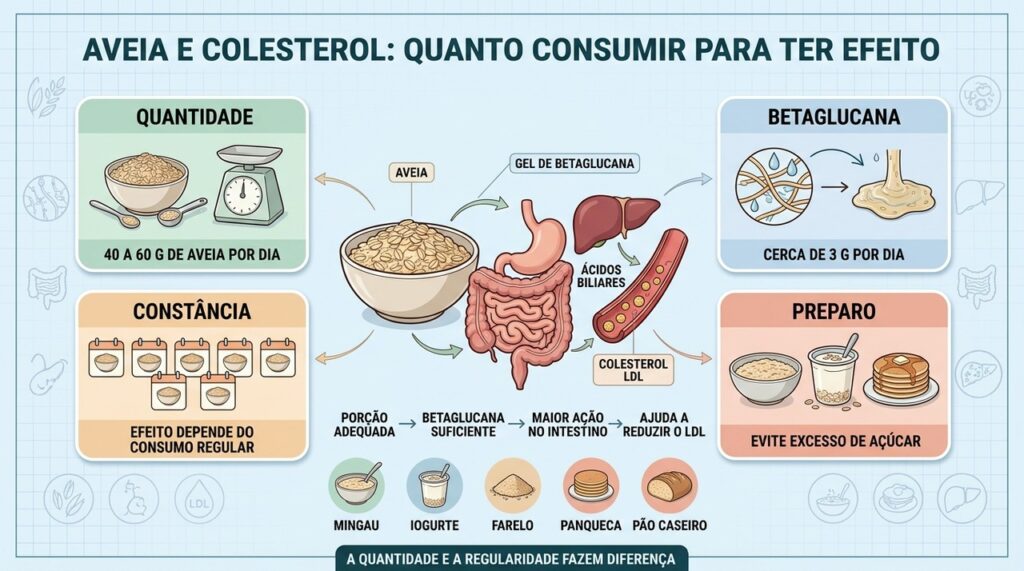 Quantidade, betaglucana, constância e preparo determinam o impacto da aveia no LDL.