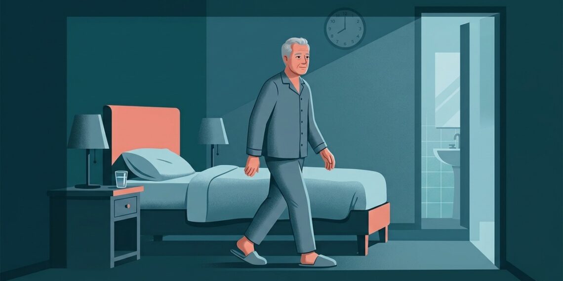 Ilustração de pessoa acordando durante a madrugada e caminhando do quarto para o banheiro.