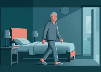 Ilustração de pessoa acordando durante a madrugada e caminhando do quarto para o banheiro.