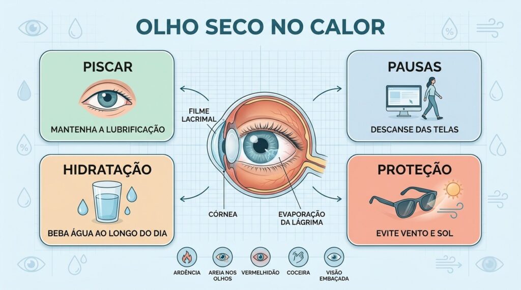 Piscar, hidratar, fazer pausas e proteger os olhos reduz o desconforto no calor.