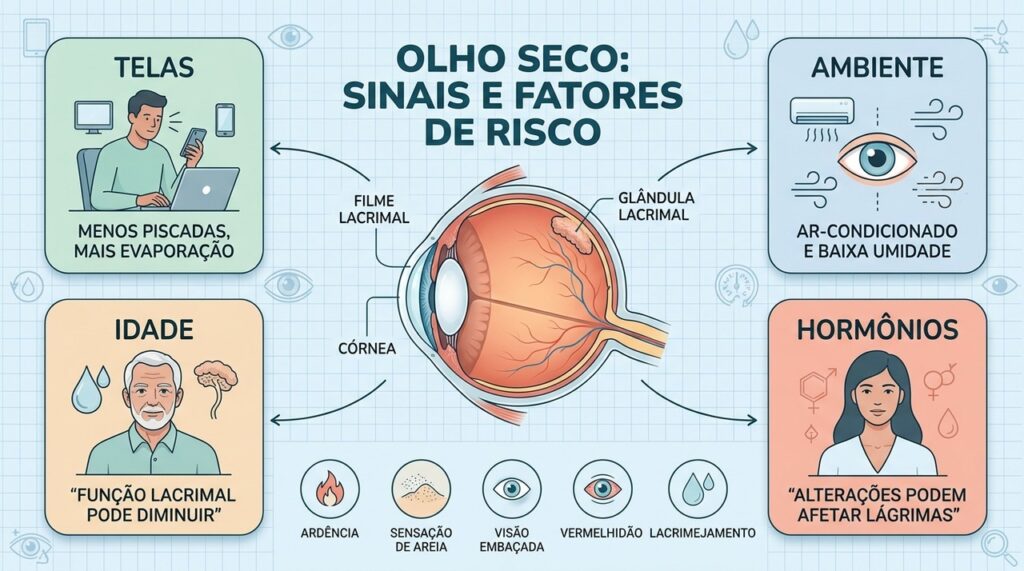 Quatro fatores ajudam a explicar o olho seco: telas, ambiente, idade e alterações hormonais.