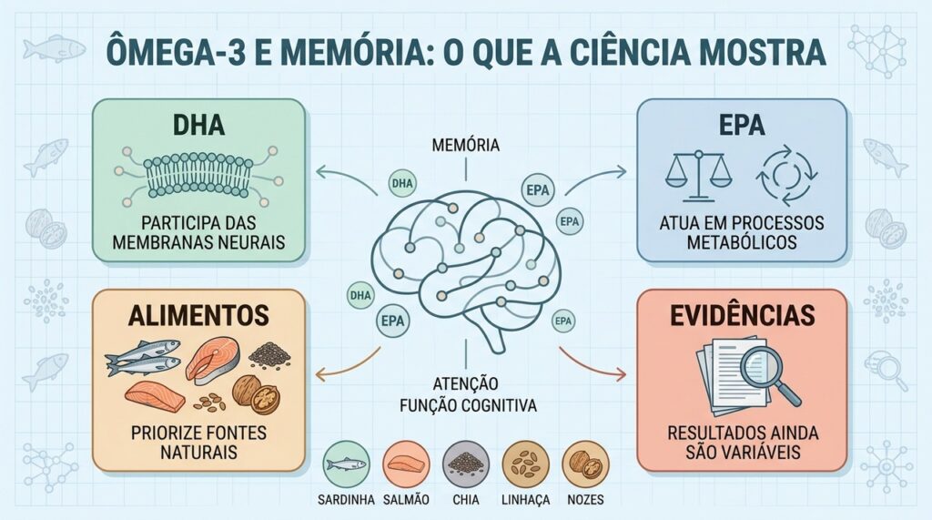 DHA, EPA, fontes alimentares e evidências ajudam a entender a relação com memória.