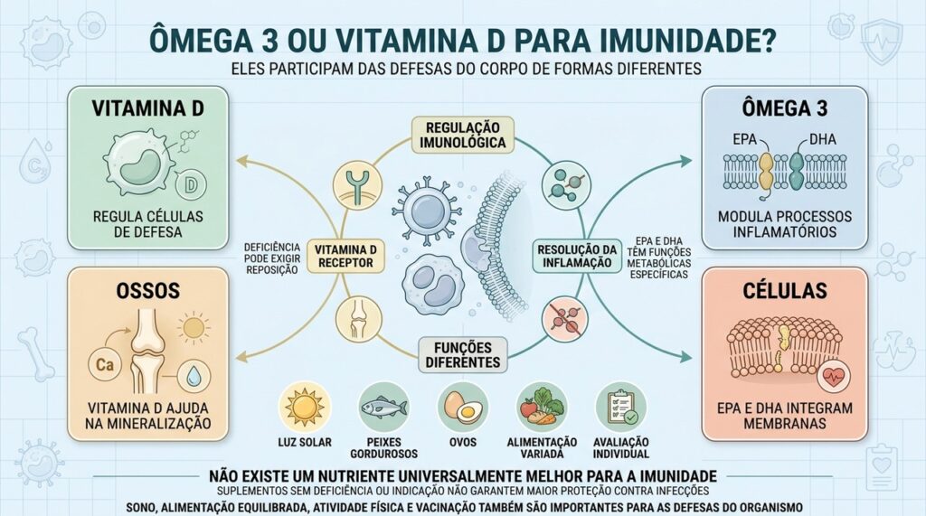 Vitamina D regula células de defesa, enquanto ômega 3 modula processos inflamatórios.