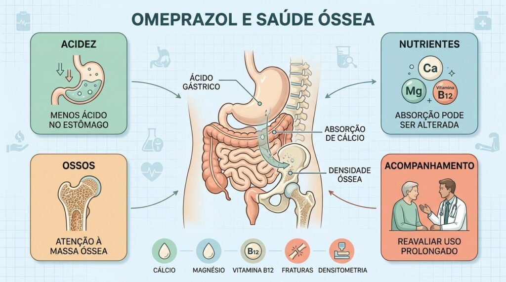 Uso prolongado pode exigir atenção à absorção de nutrientes e ao acompanhamento da saúde óssea.