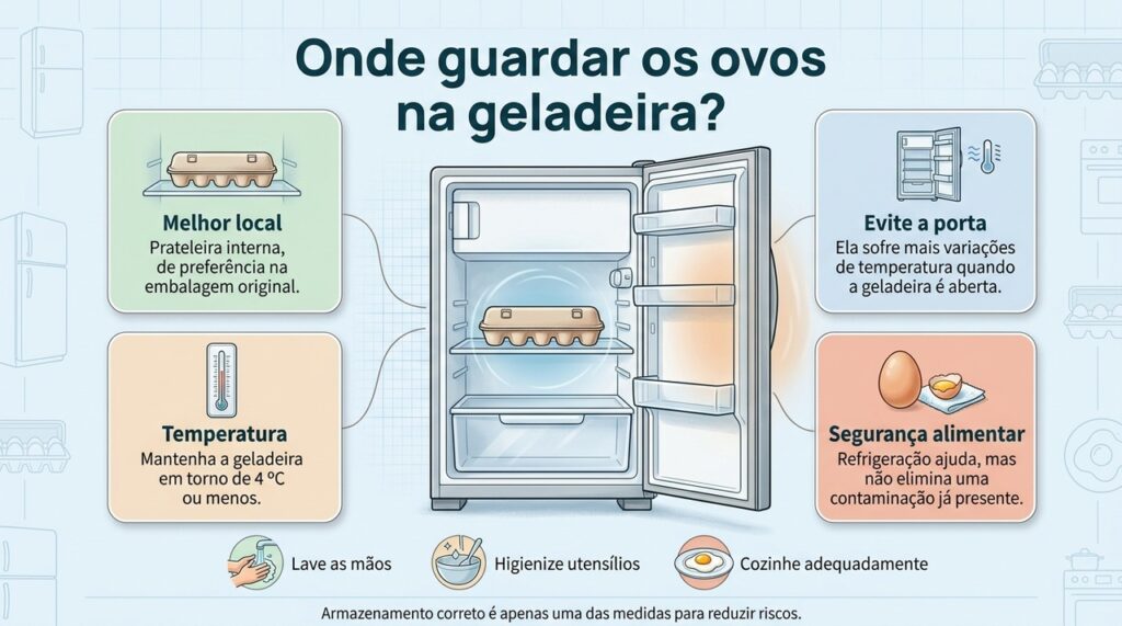 A prateleira interna, a embalagem original e os cuidados no preparo fazem parte do armazenamento seguro dos ovos.