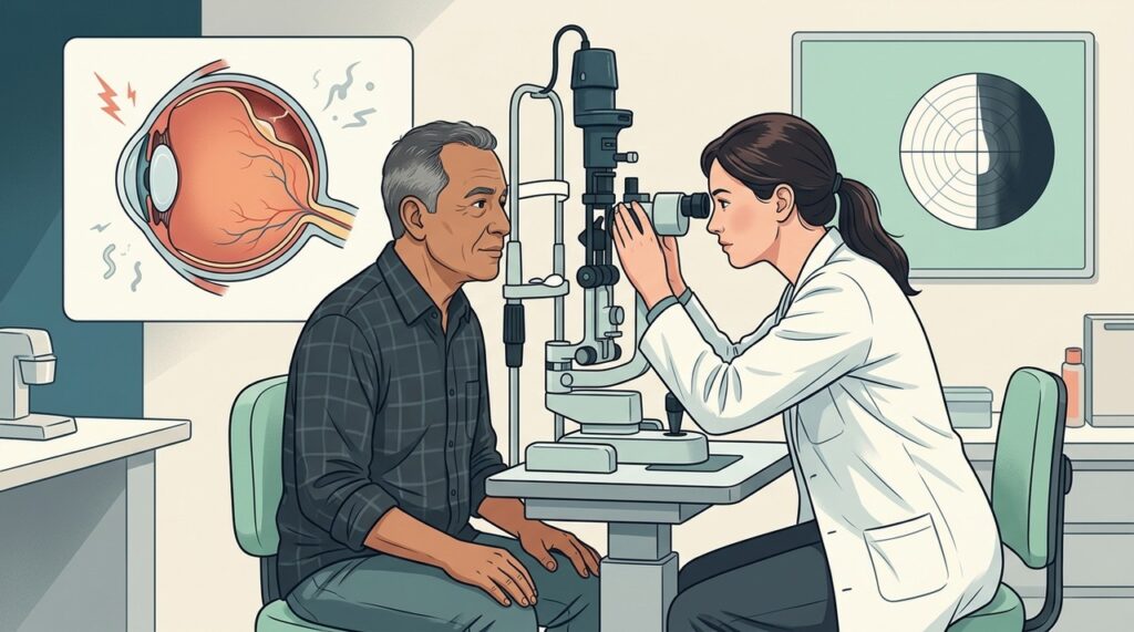 Uma sombra em cortina pode sinalizar descolamento de retina e requer urgência.