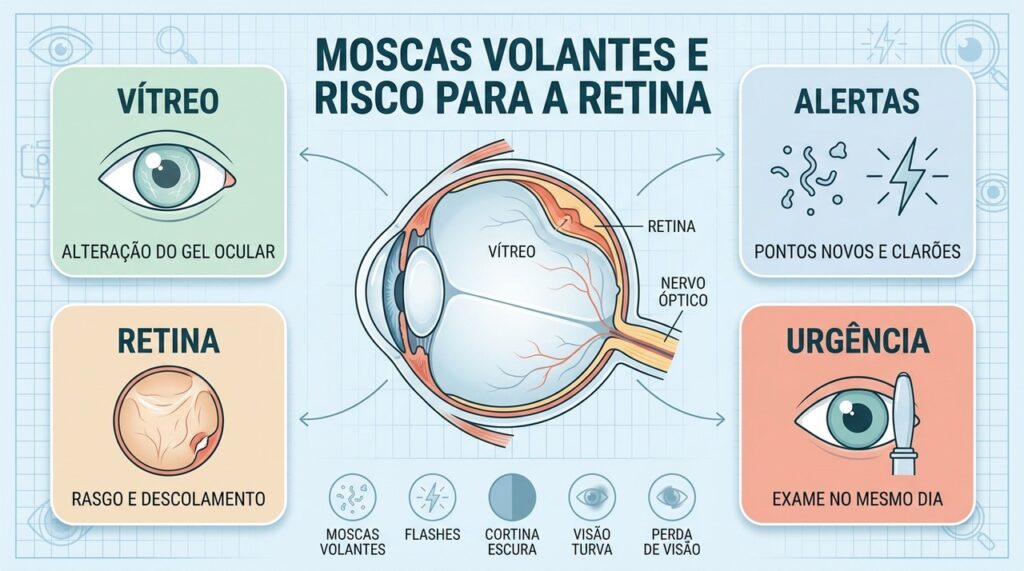 Moscas volantes repentinas com flashes exigem atenção para descartar alterações na retina.