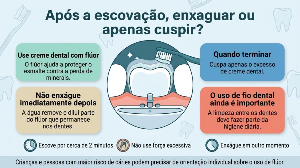 Cuspir o excesso sem enxaguar logo depois ajuda a preservar o contato do flúor com o esmalte.