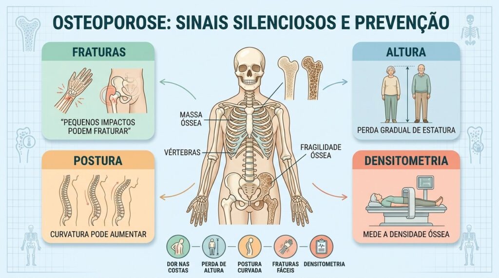 Fraturas fáceis, perda de altura e densitometria ajudam a investigar a osteoporose.