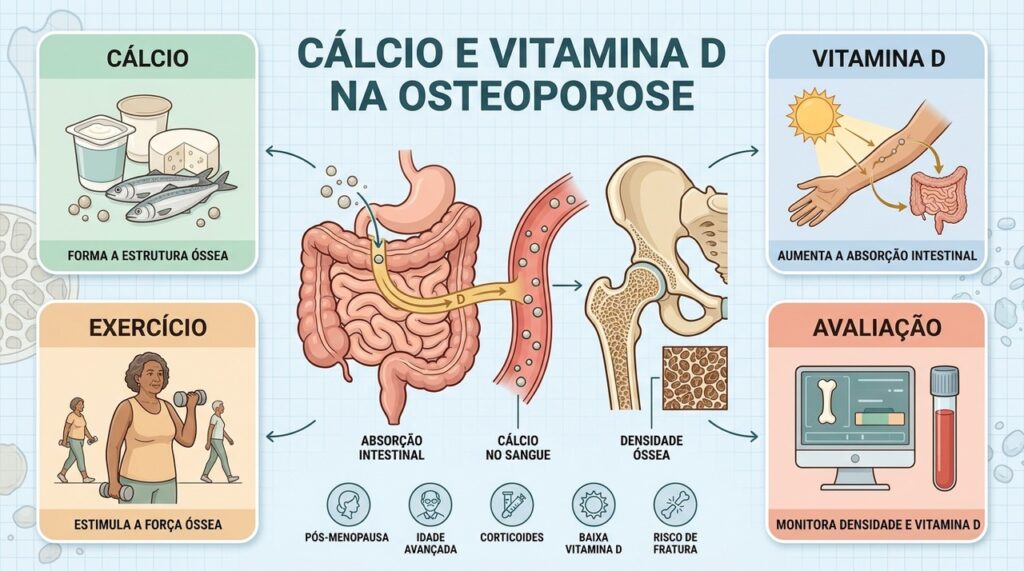 Cálcio, vitamina D, atividade física e avaliação médica formam a base da saúde óssea.